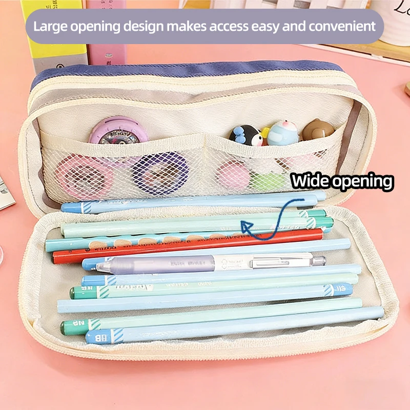Color Block Large Capacity Pencil Case, Oxford Cloth Pen Bag with Front Pocket,  Simple Letter Student Stationery Organizer