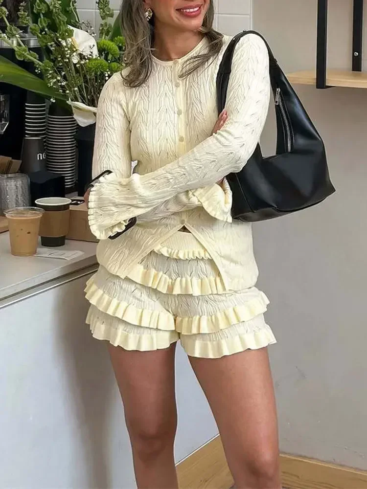 

Summer Knit Ruffled 2 Piece-Set Shorts Female Patchwork Slim Casual Long Sleeve Sweater Cardigan And Women's Shorts Sets