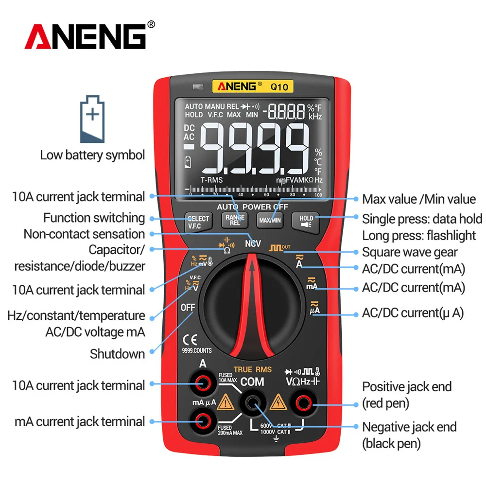 ANENG Q10 Multi-function Intelligent Anti-burn Multimeter 9999 Words With True Effective Value Electronic Components Tester Tool