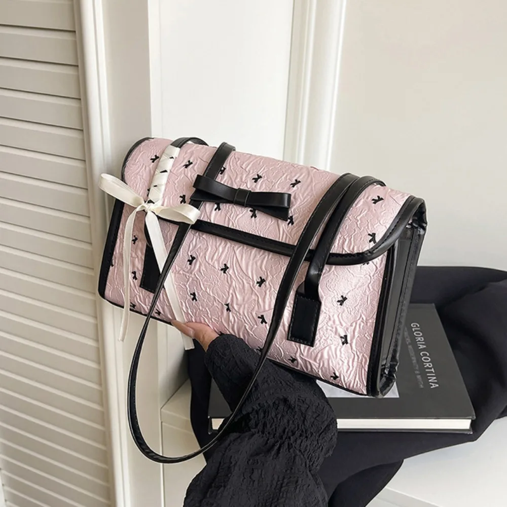 

Portable French French Stick Handbag Sweet PU Underarm Bag Korean Style Bow Ribbon Armpit Bag Girls