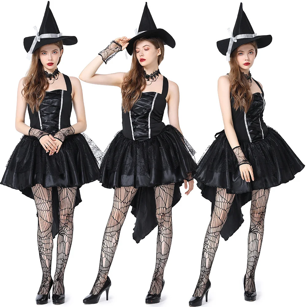 Vestido Gothic Witch para Mulheres, Vestido Sling Tulle, Mangas Chapéu, Traje de Halloween, Roupa de festa