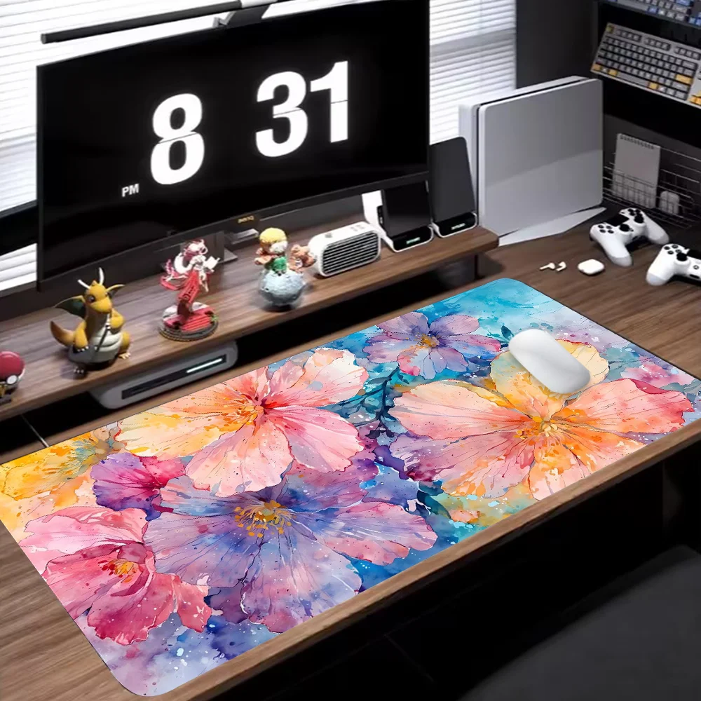لوحة ماوس ملونة على شكل زهور، ملحقات مكتبية كبيرة، قاعدة مطاطية مع لوحة ماوس بحافة مخيطة، لوحة مفاتيح مضادة للانزلاق للمنزل