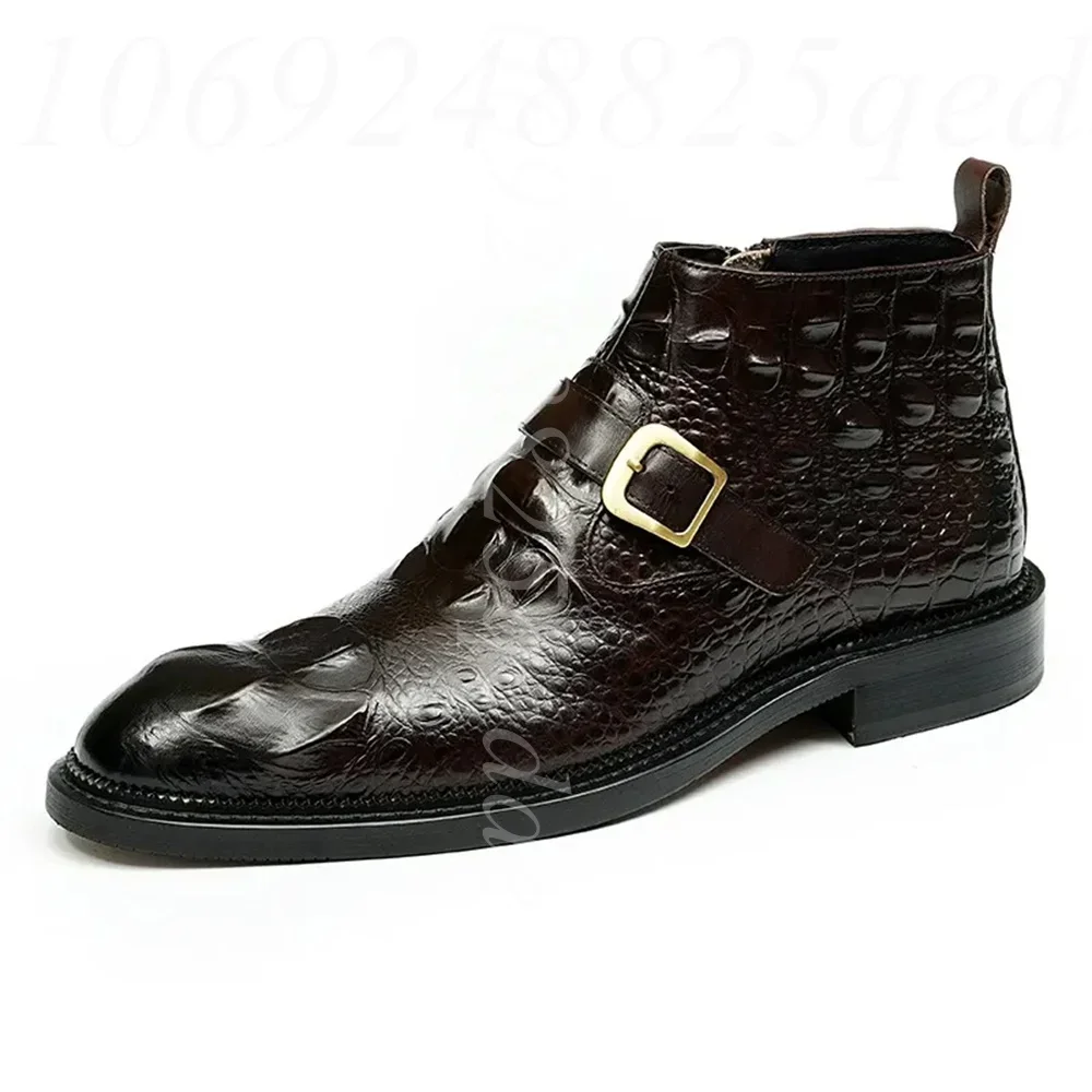 Men's Crocodile Embossed Ankle Boots, Buckle Strap Zipper Closure Formal Boots, Comfortable Business Casual Footwear for Men