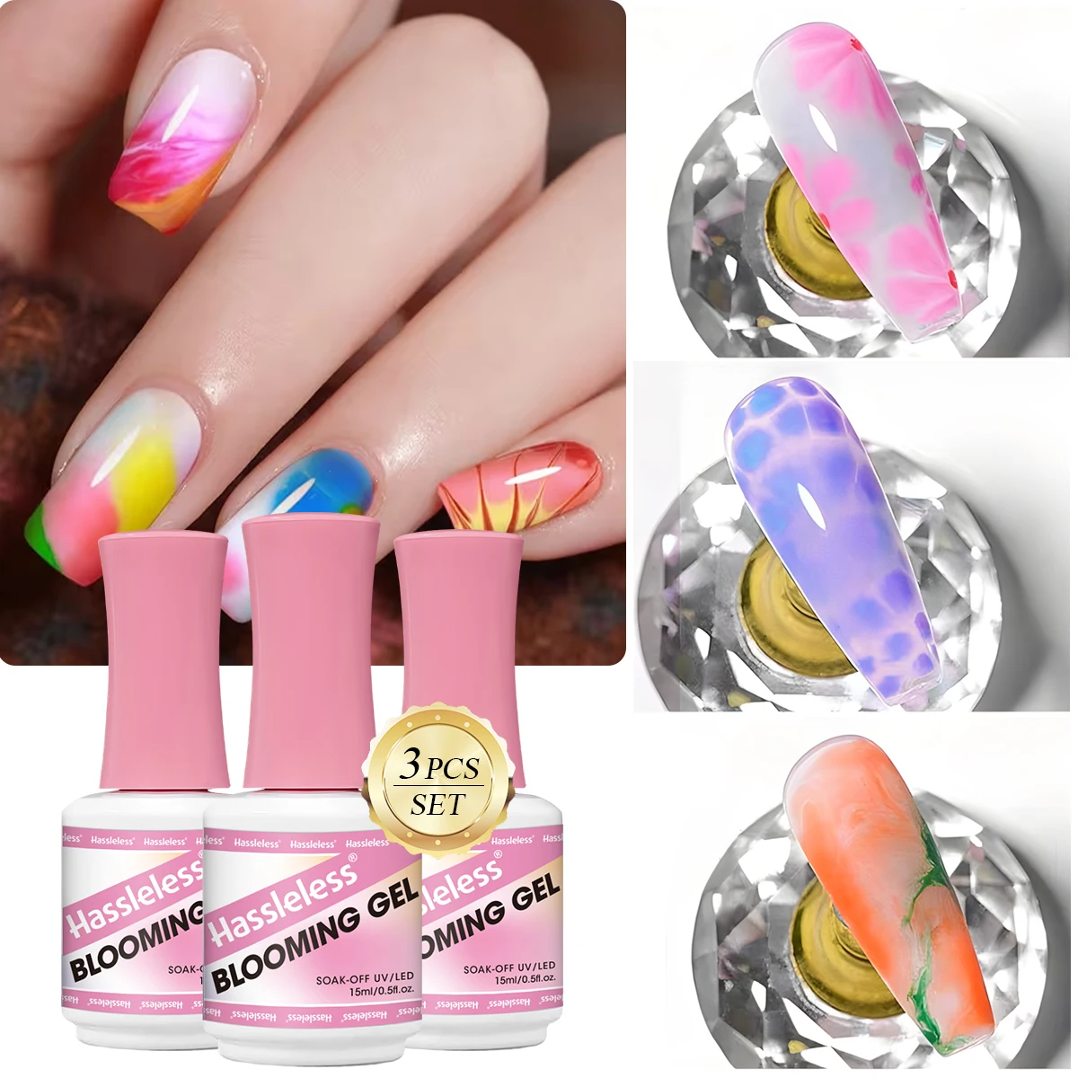 

Hassleless 15ml 3-Pack Nail Art Smudge Gel, Blooming Marble Gradient Gel | Led Light-Curing, Removable Nail Gel for Creating Marble, Spring, Floral, Nude, and Neon Effects, Can Mix Pigments to Achieve Blooming and Gradient Shades, Comes in Glass Bottles f
