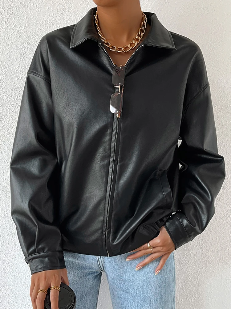 TFMLN Women Leather Jacket 2026 Autumn New Minimalist Lapel Loose Faux PU Leather Zipper Long Sleeve Coat Lady Streetwear