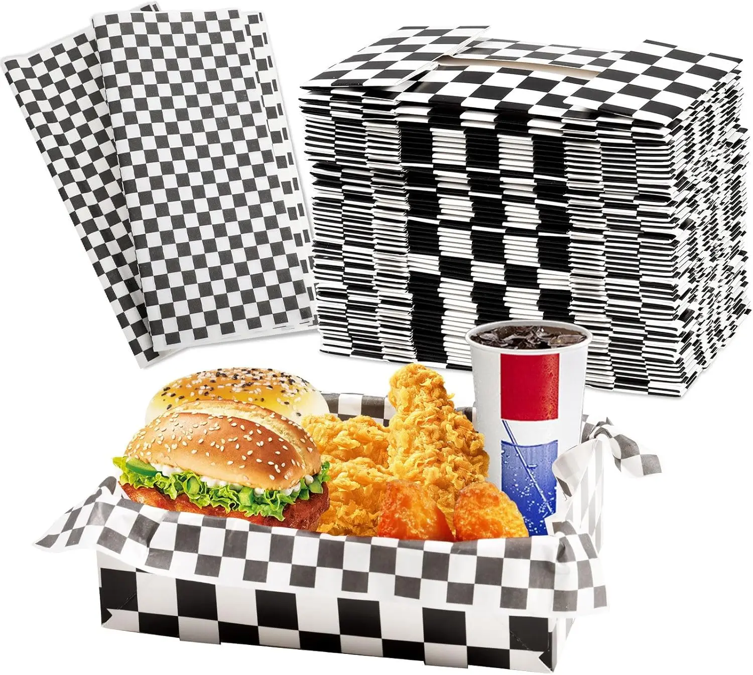 

120 шт. больших бумажных подносов для еды в клетку (4 фунта) для дня рождения в стиле гоночных машин, одноразовые, черно-белые в клетку
