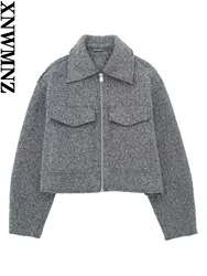 XNWMNZ Women's Fashion 2023 Autumn/Winter Boucle Crop Jacket Women Vintage Lapel Long Sleeve Pocket Zipper Female Coat