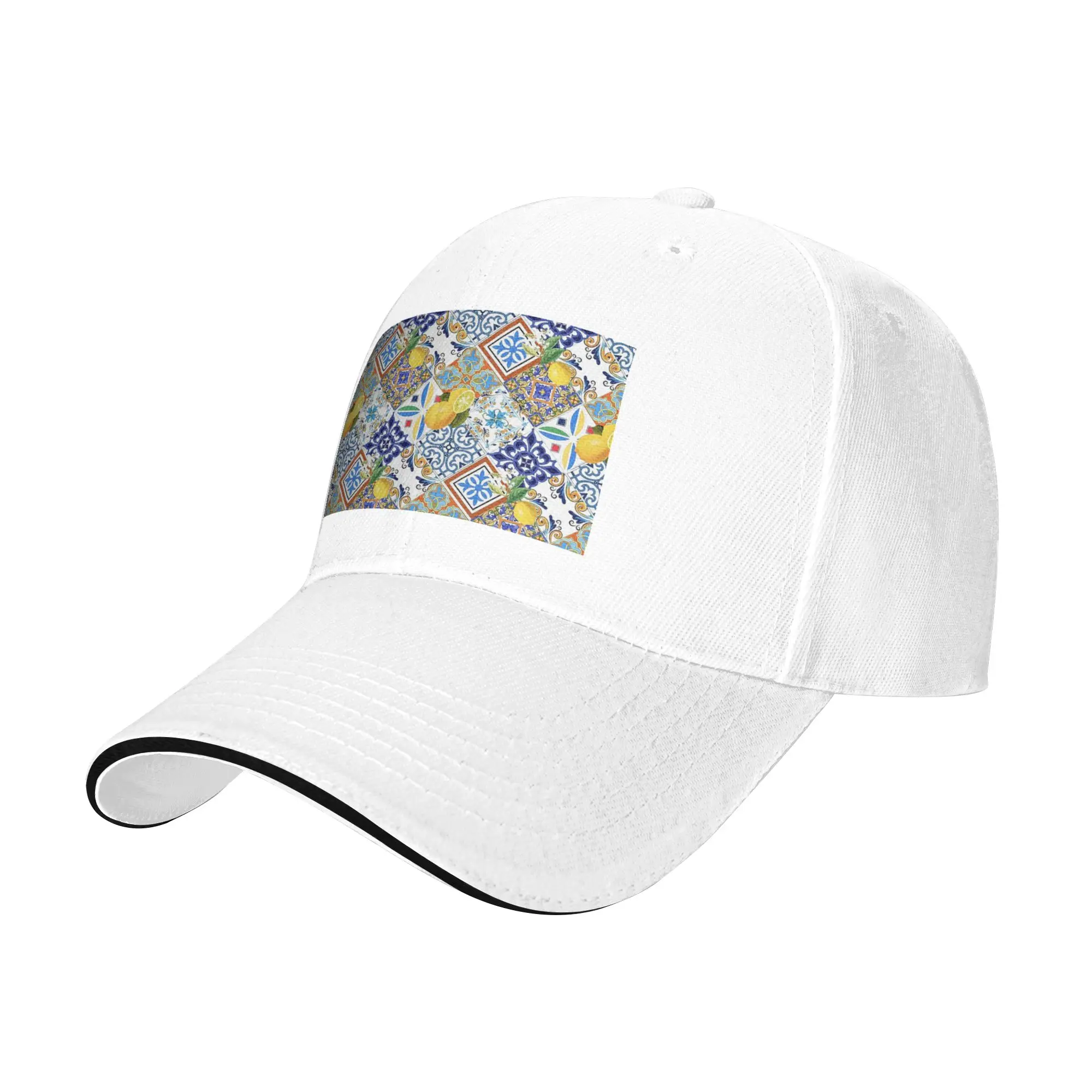 Mediterranean Tiles and Lemon Cap Fashion Casual Baseball Caps Adjustable Hat Hip Hop Summer Unisex Baseball Hats Customizable