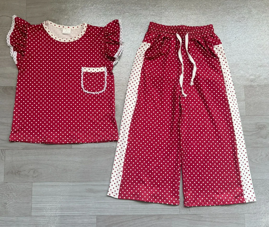Wholesale Children Toddler Outfit Baby Girl Short Sleeves Pocket Shirt Kids Dots Red Pants Girls Spring Fall Clothing