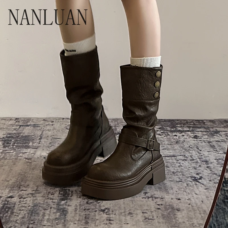 

2024 Boutique Autumn Winter Fashion Women's Boots New Solid Color Thick-soled Women's Shoes High-quality Mid-calf Fashion Boots