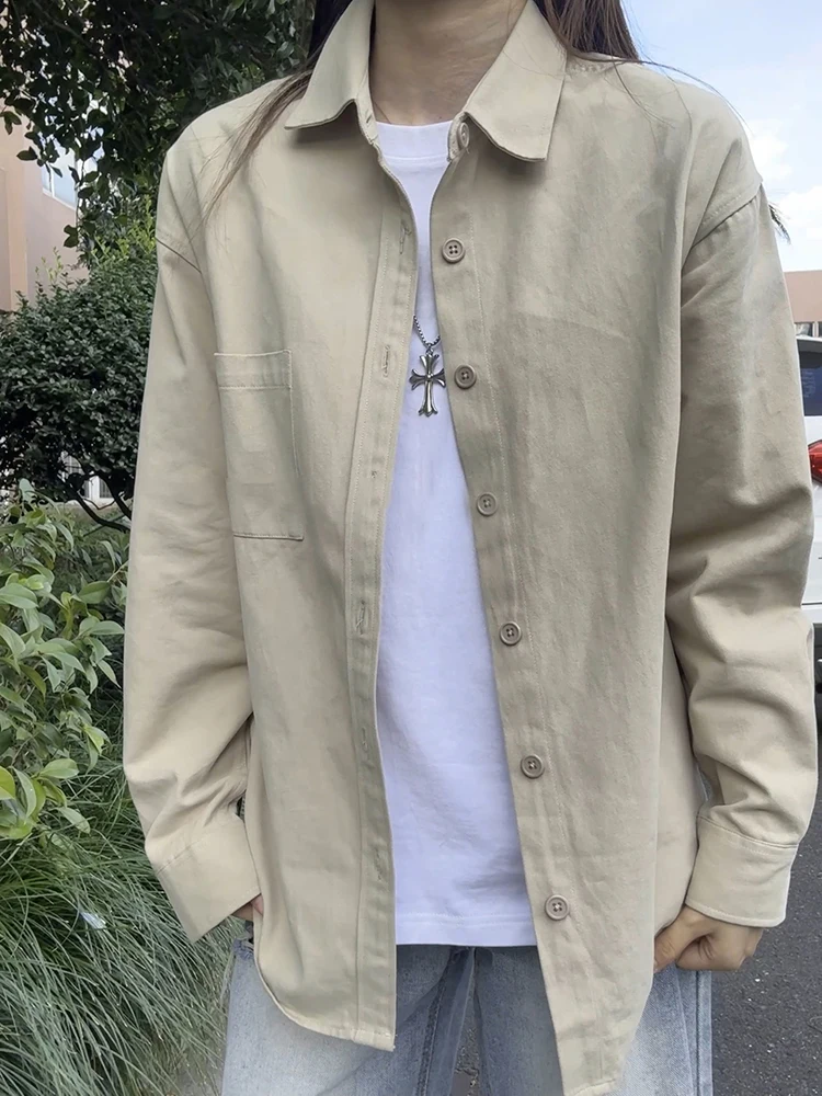 

Рабочая одежда цвета хаки: рубашка с длинным рукавом для мужчин и женщин, осенний повседневный комплект, куртка для пар, свободный крой из полиэфирного волокна