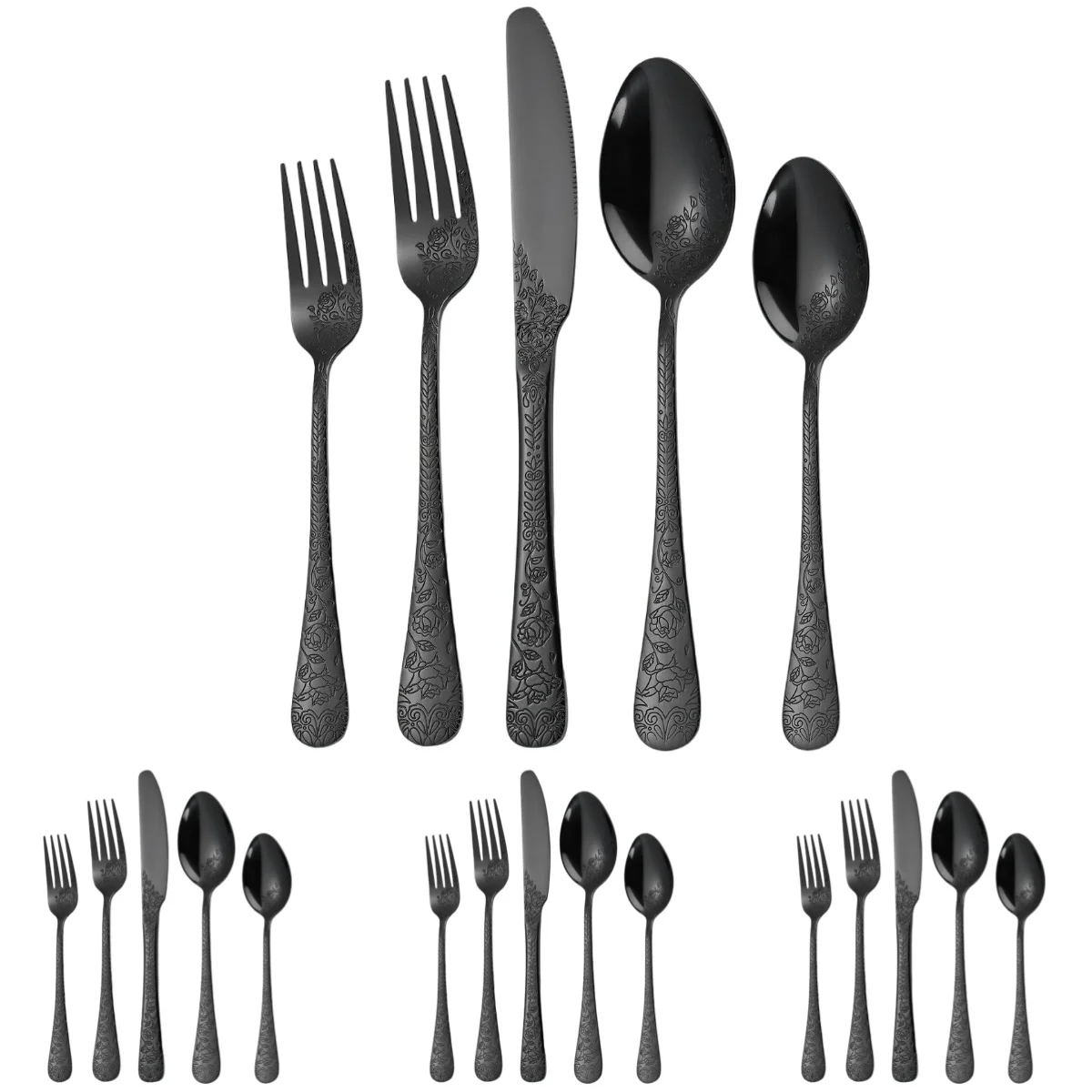 

A · HOUSEWARE 20 Pieces Floral Flatware Set Black for 4 Stainless Steel Silverware Cutlery Eating Utensil Tableware Stylish