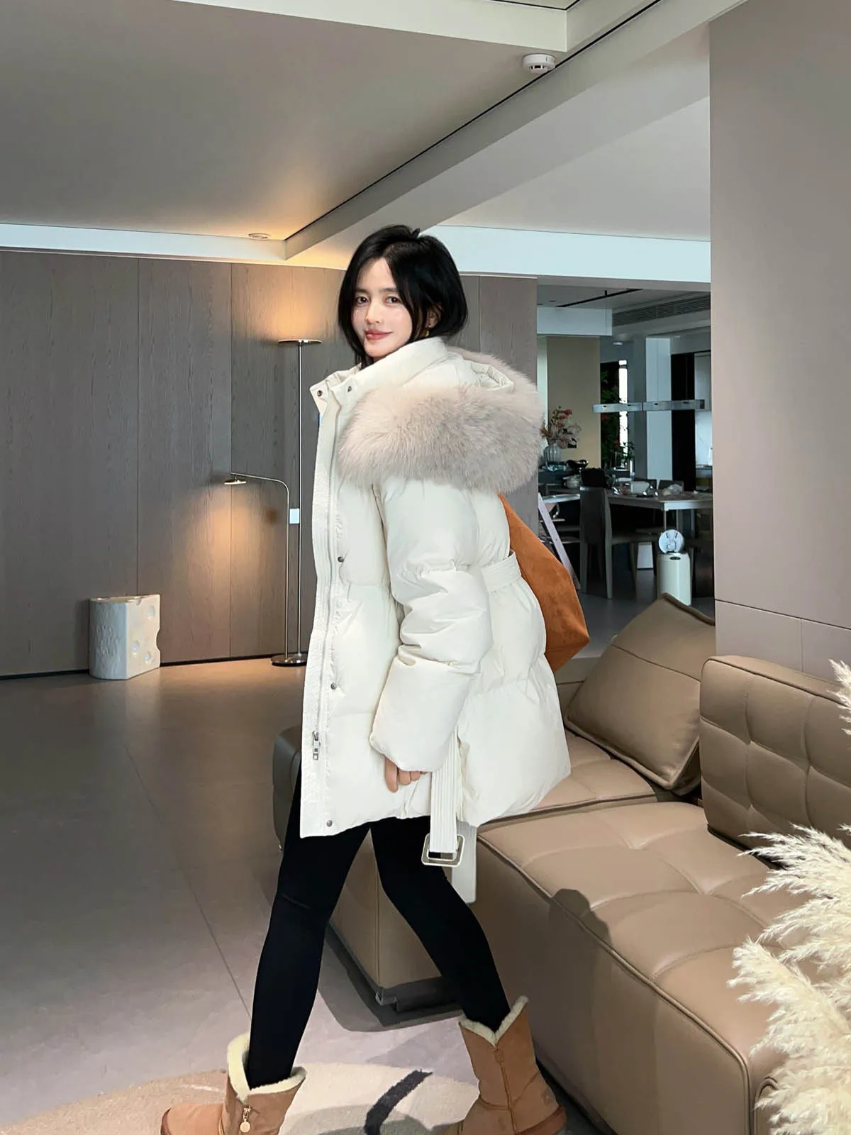 

Winter Fur Collar Waist Cinched Hooded down Jaet Women's Dongda Gate New Sle Korean Version Straight Cut Warm Coat