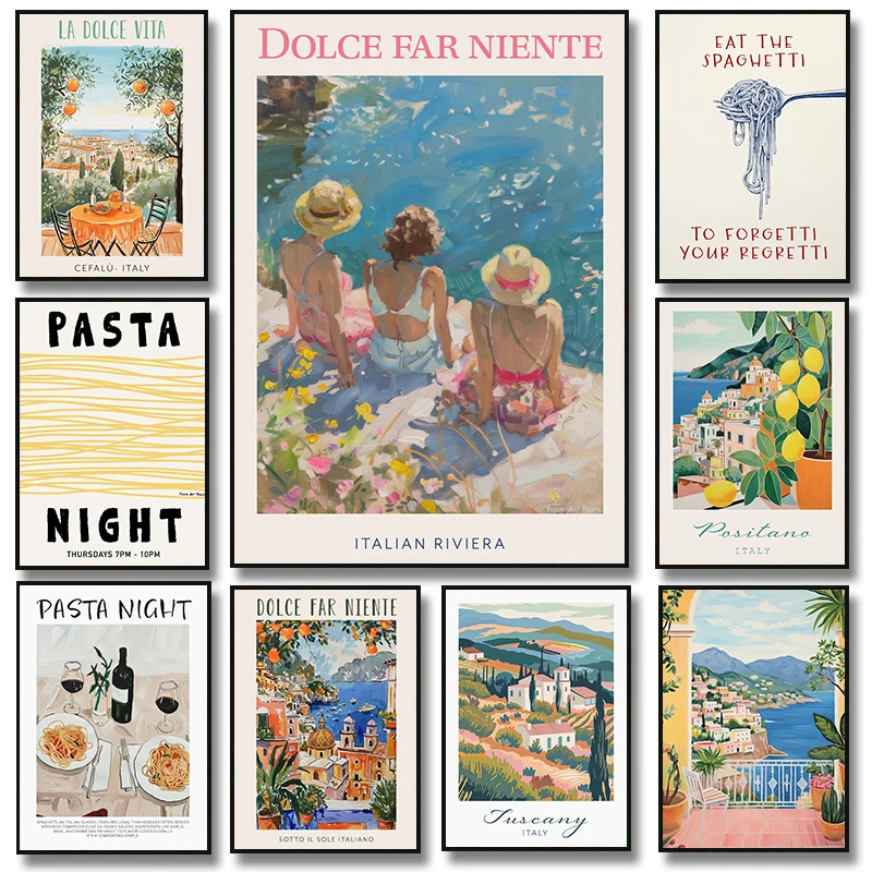 Póster de paisaje de costa Mediterráneo Vintage, pintura en lienzo, imagen de pared, decoración del hogar, cocina, comida de viaje de Italia, espagueti, café