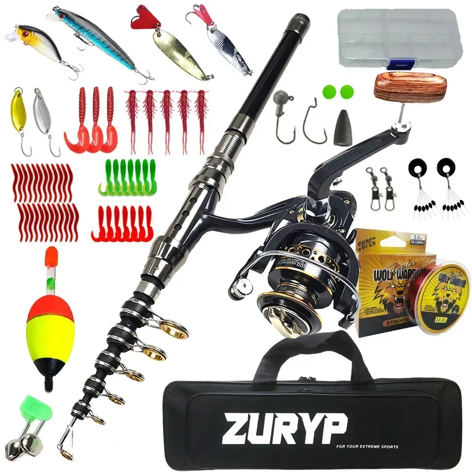 Set di canne da pesca per Kit di attrezzatura da pesca in mare con esche morbide e ganci canna da pesca telescopica e Set Combo di mulinelli accessori