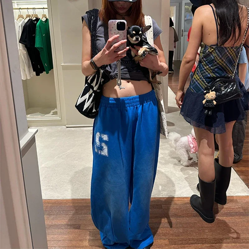 IMU Women's Blue Baggy Pants Oversize Sweatpants Print Long Pants Harajuku Japanese 2000s Style Y2k Vintage Trousers Clothes Sum