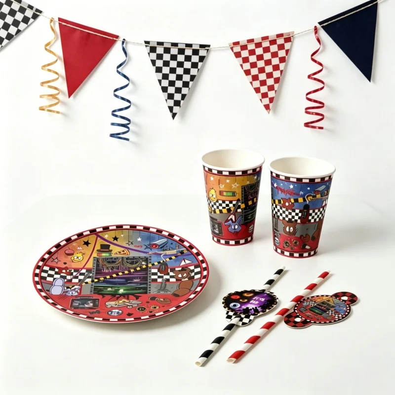 Five Nights at Freddy’s FNAF Birthday Party Tableware Kit Paper Plates Spiral Honeycomb Cake Topper Flags Disposable Supplies