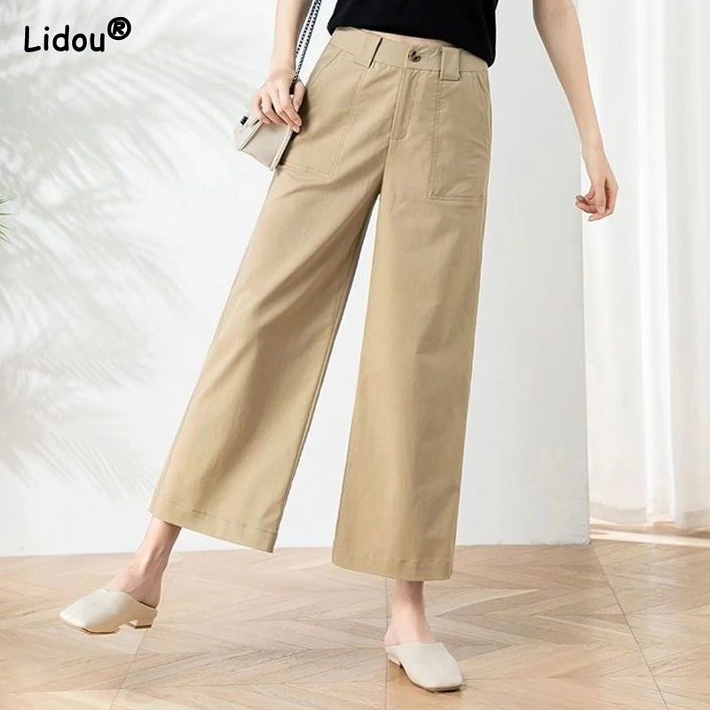 Straight Pockets Zippers Button Solid Fashion Casual Loose High Waist Simplicity Wide Leg Calf-length Pants Women\'s Clothing