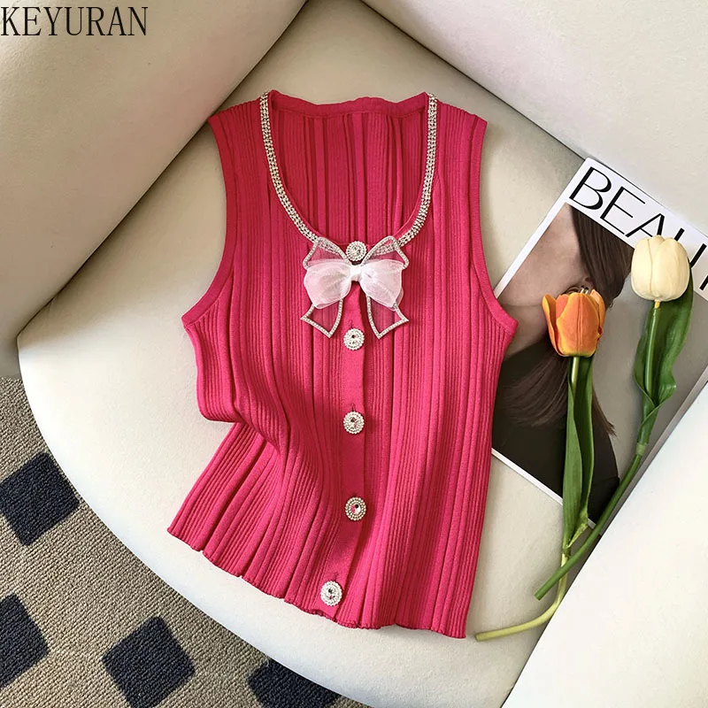 

2025 Summer Ice Silk Knit Vest Women's T-shirt Stylish Chic Bowtie Diamonds Sleeveless Single-breasted Tank Crop Top Ladies Tees