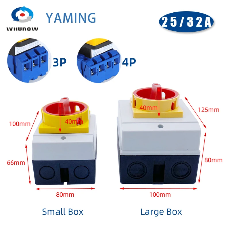 YMD11-25A 32A Isolator Switch Padlock ON-OFF Disconnect Selector 3/4P Waterproof Box Enclosure IP65 Silver Contact