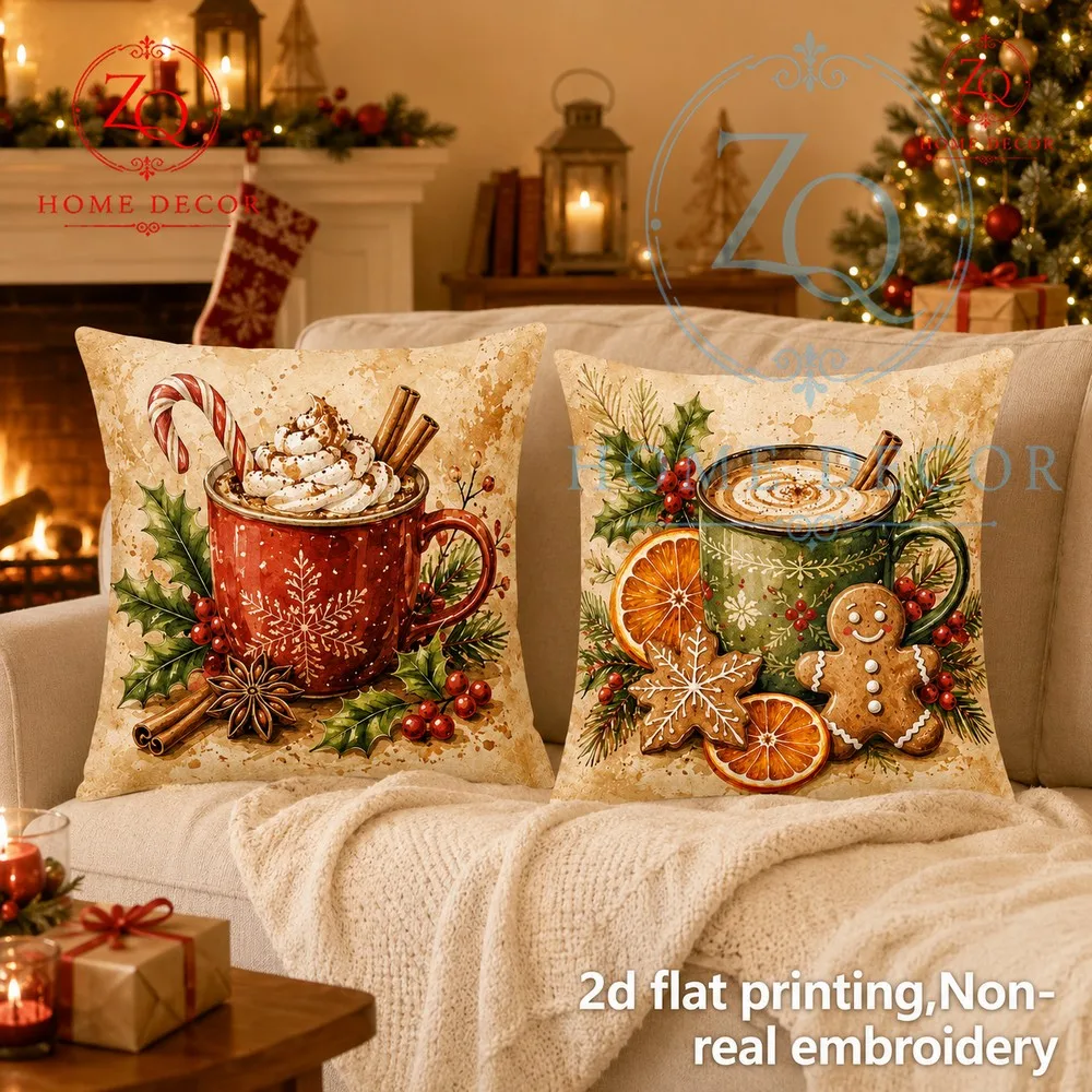 Retro Christmas gingerbread hot drink pillowcase green cup holly berry warm winter cushion cover festive home decor mching