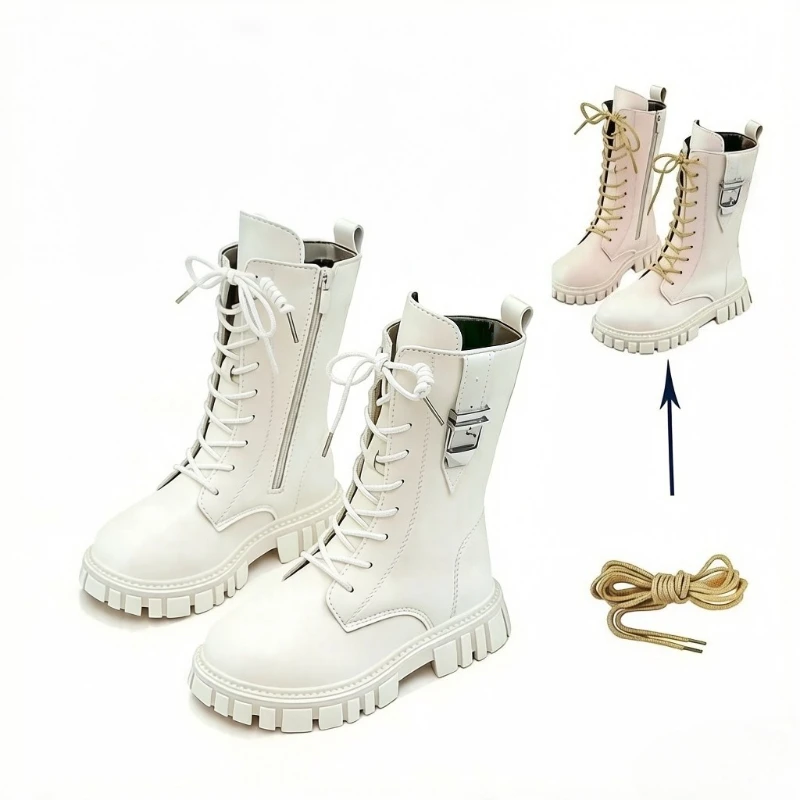 Elegant Zipper Baby Girl Casual Fashion Boots Autumn/winter Round Toe Warm Thick Sole Lace Comfortable Children's Midsole Boots