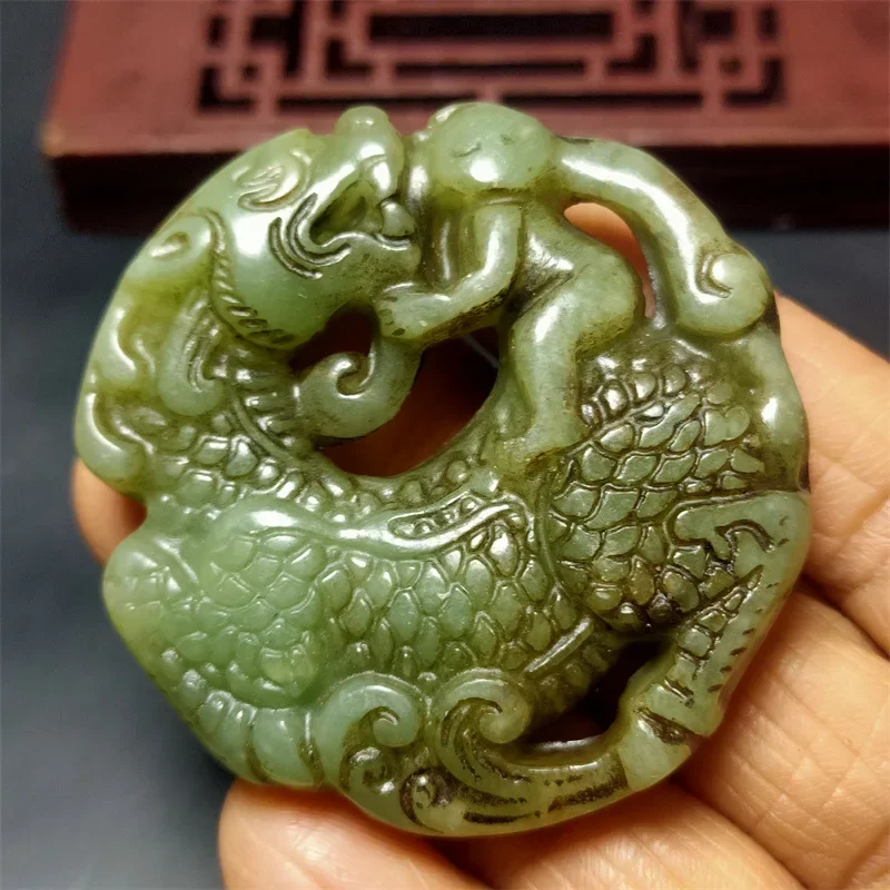 Jade Antique Imitation Crafts Xiu Jade Carving Hollow Double-Sided Work Qilin Sending Child Pendant Jade Pendant Hanging