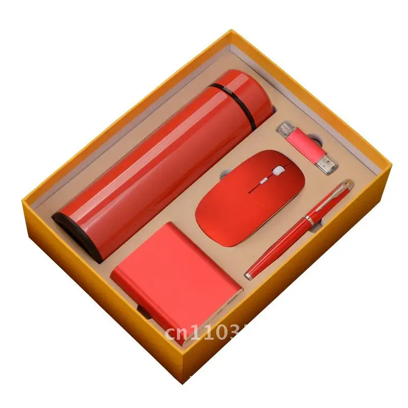 

Business Gift Wireless Mouse Charging Thermos Set Company Staff Meeting Souvenir Customizable Logo Red Gold Blue Black