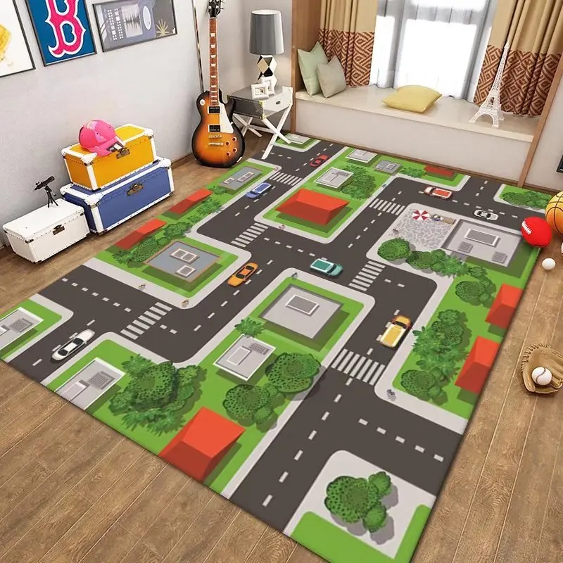 Toy Car Pattern Carpet Living Room Children's Bedroom Decoration Floor Rug Cartoon Road Play Mat Soft Tatami Carpets Non-slip