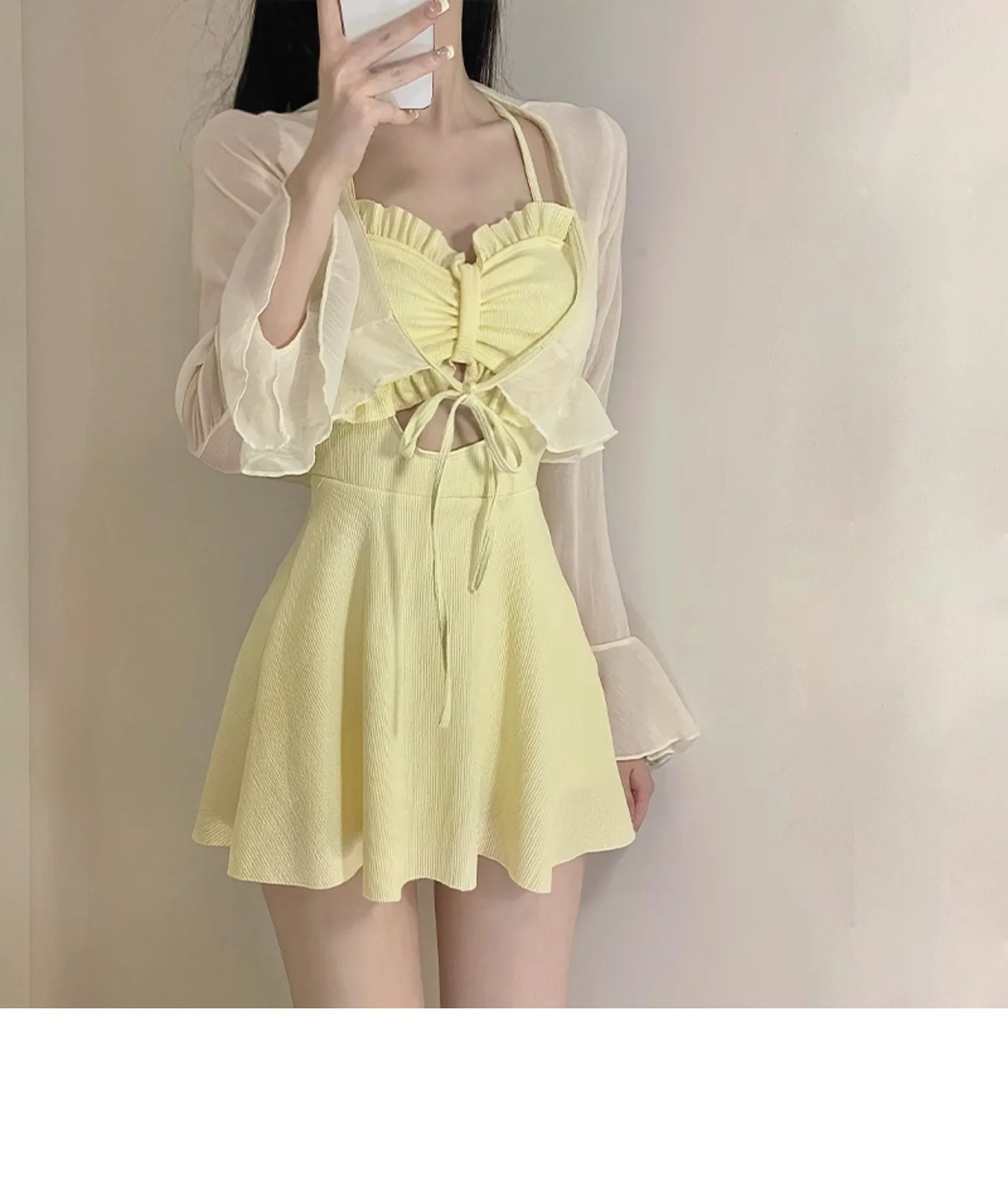 

Chicken Yellow korean style Pure desire, ceiling covering, slimming effect, flat corner skirt style cover up, two-piece swimsuit