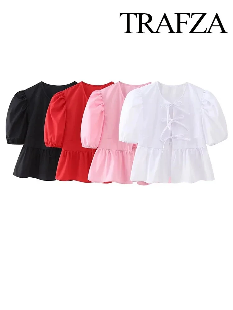 TRAFZA Women Elegant Chic Solid Color Short Sleeves Blouse Woman New Fashion Vintage Casual Bow Lace Up Folds Shirt Loose Tops