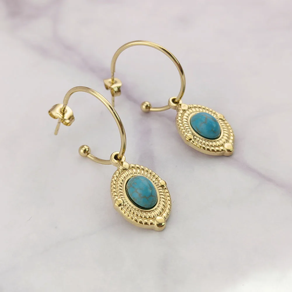 New In 316 Stainless Steel Hoop Earrings Trend Woman Oval Pendant Earrings With Blue Stone