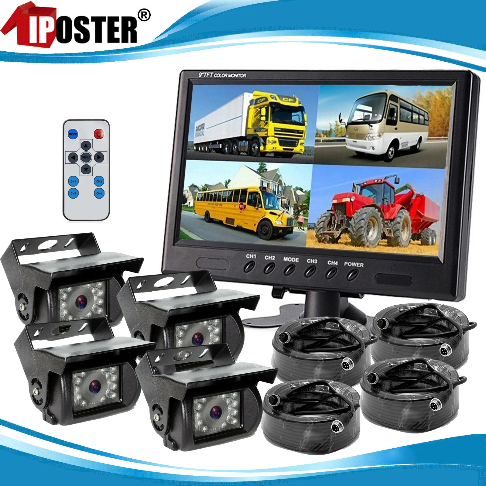 iPoster HD Vehicle Backup Camera 9 Inch 4 Split Monitor+ 4 Cameras with Front & Rear View Camera 12-24v For Truck Rv Trailer Bus