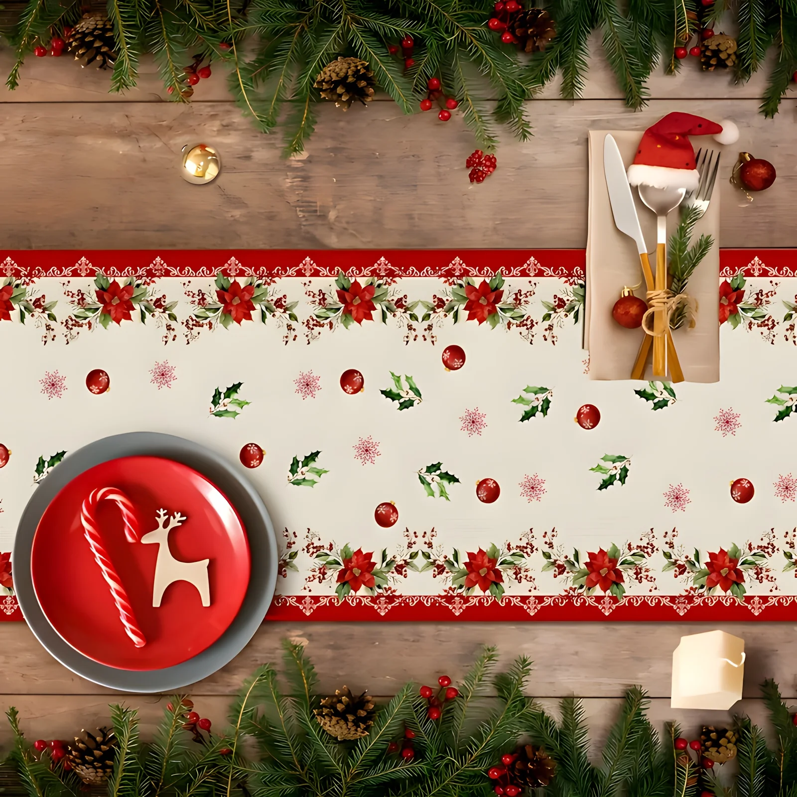 VIKAMA Christmas Table Runner Cute Reindeer Poinsettia Holly Berry Decorative Washable Polyester Kitchen Dining Xmas Holiday