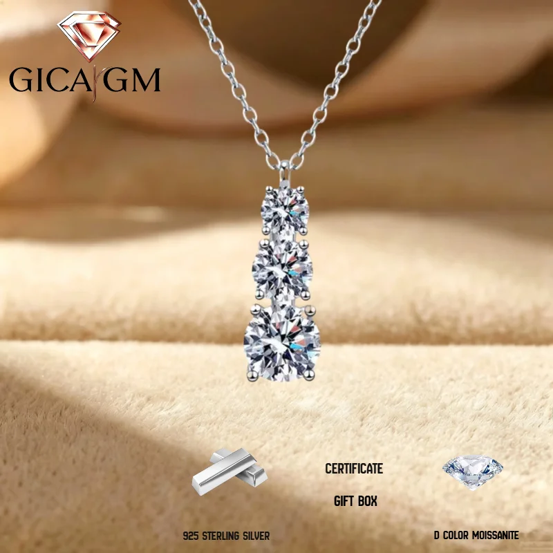 S925 D VVS1 1.8 Carat 3-Stone Full Moissanite Pendant Necklace Collarbone Chain Jewelry Gift for Engagement Wedding Dinner Party