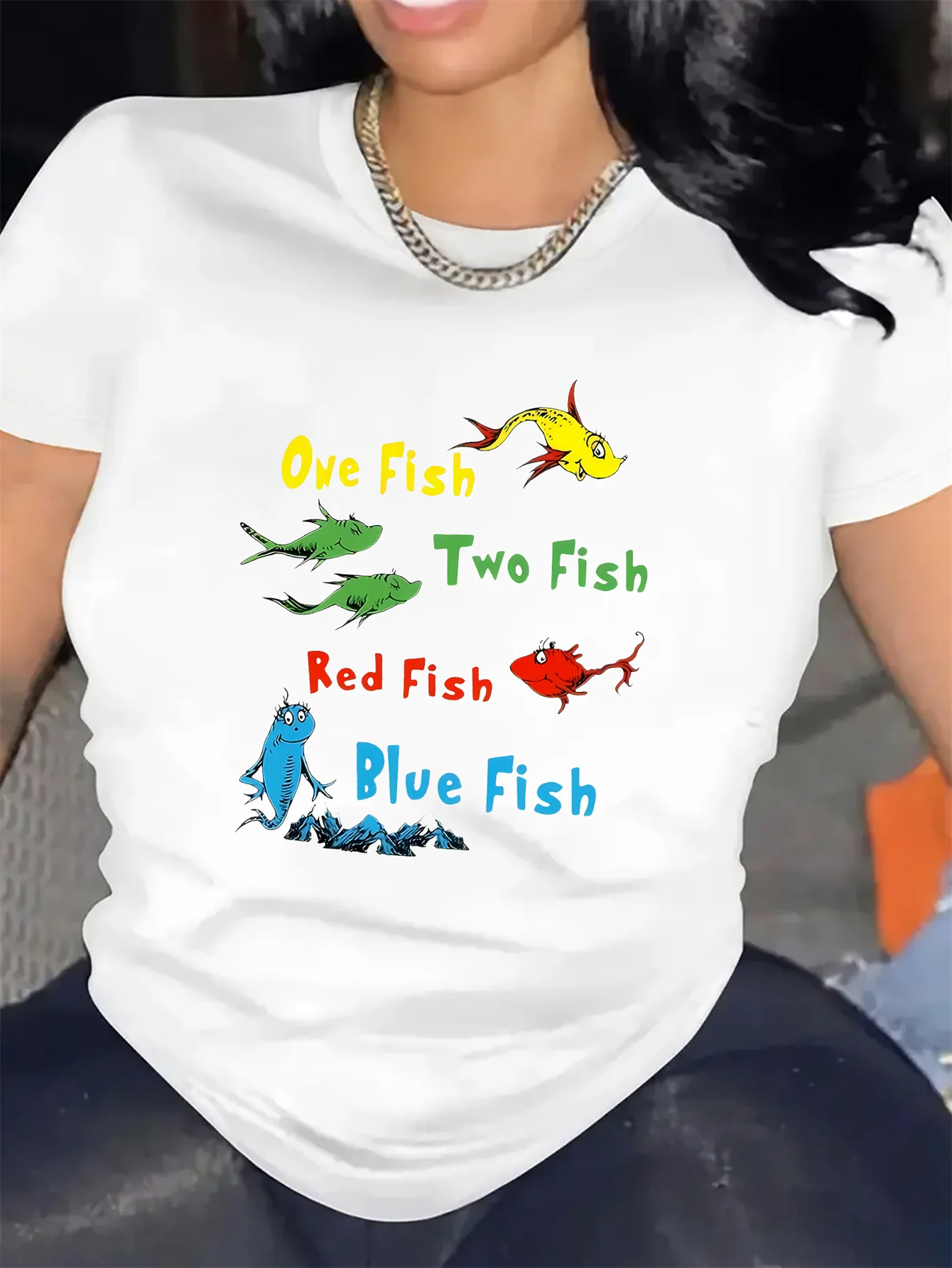 

Dr. Seuss Inspired One Fish Two Fish Red Fish Blue Fish Graphic Print T-Shirt - Crew Neck, Polyester Blend with Spandex