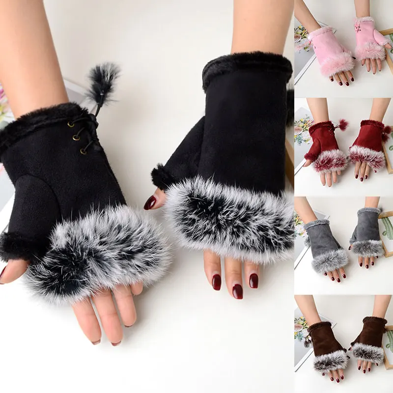 1 Pair Women Winter Warm Half-finger Gloves Sexy Faux Rabbit Fur Hand Wrist Winter Warmer Fingerless Gloves Fashion Accessories