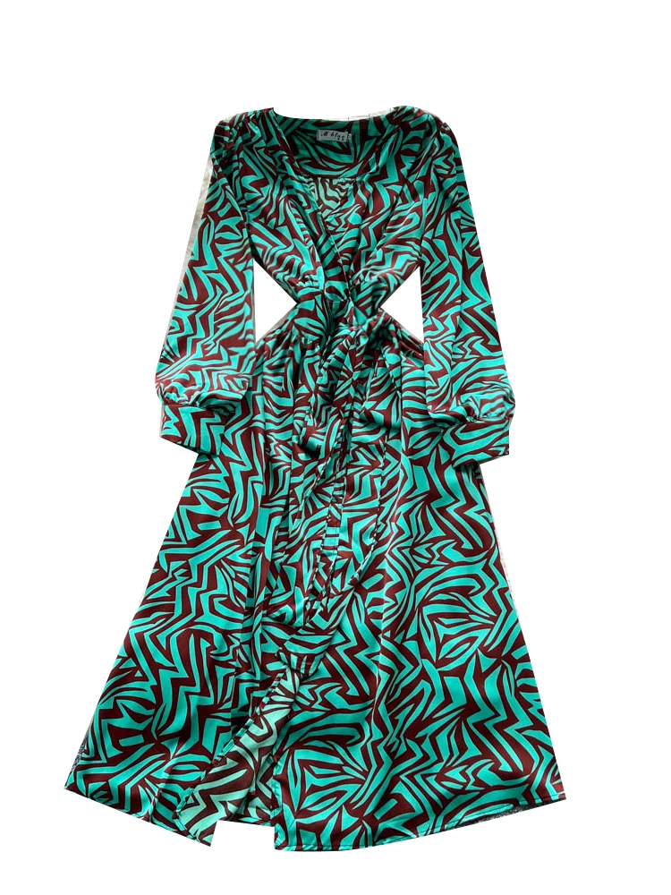 Ele V-Ne Long Sve Print Satin Wrap Waist Dr Women's Autumn Season High Waist A-Line Dr Ci Commute Sle