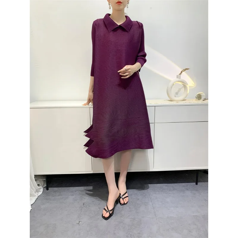 GGHK Pleated Women Elegant Fashion Dresses 2024 Summer New Pure Color Loose Plus Size Design Casual Daily Wear