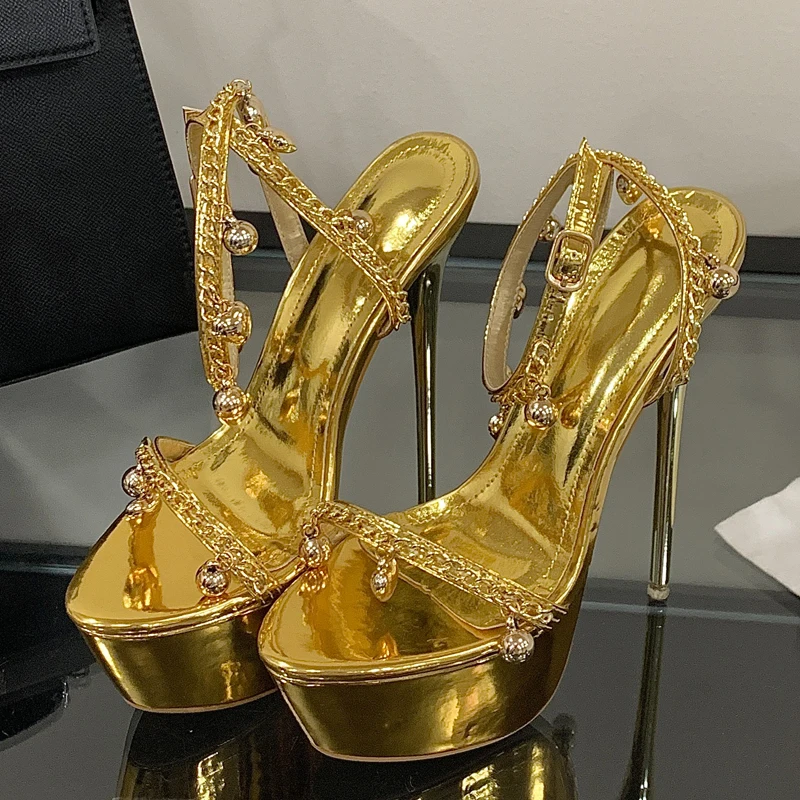 

Aneikeh Golden Fashion Platform Extreme Stiletto High Heels Metal Chain Buckle Strap Women Sandals Nightclub Dancing Party Shoes