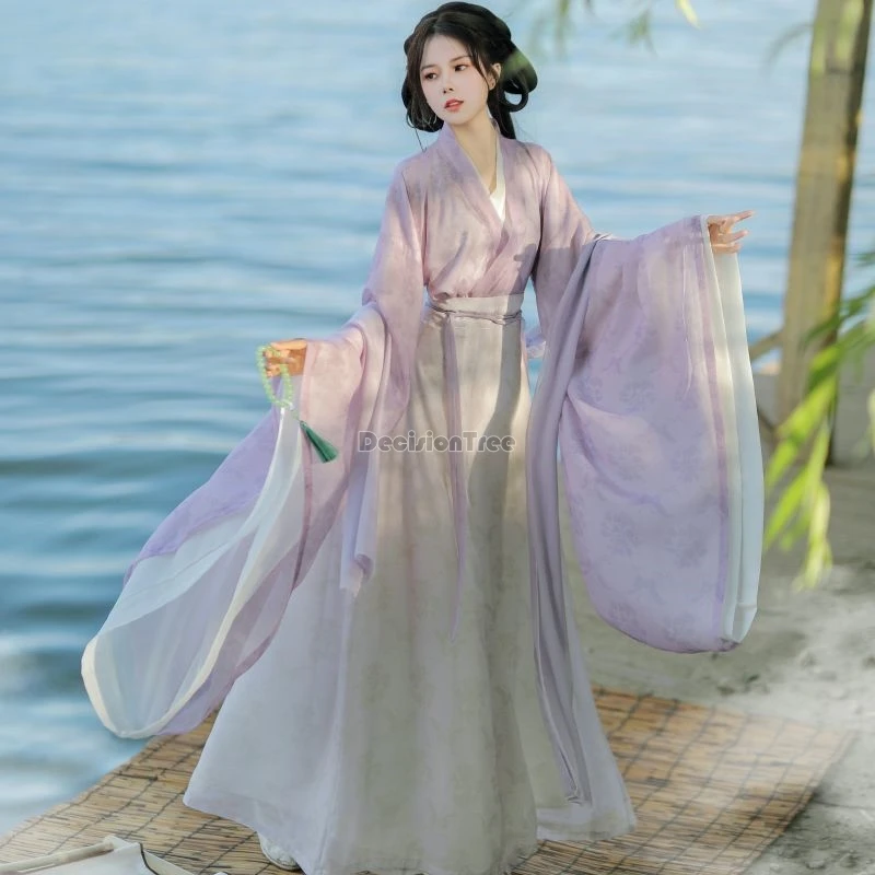 

2024 vintage chinese ethnic style daily hanfu set wei jin dynasty printing temperament zen tea dress fairy gradient gauze dress