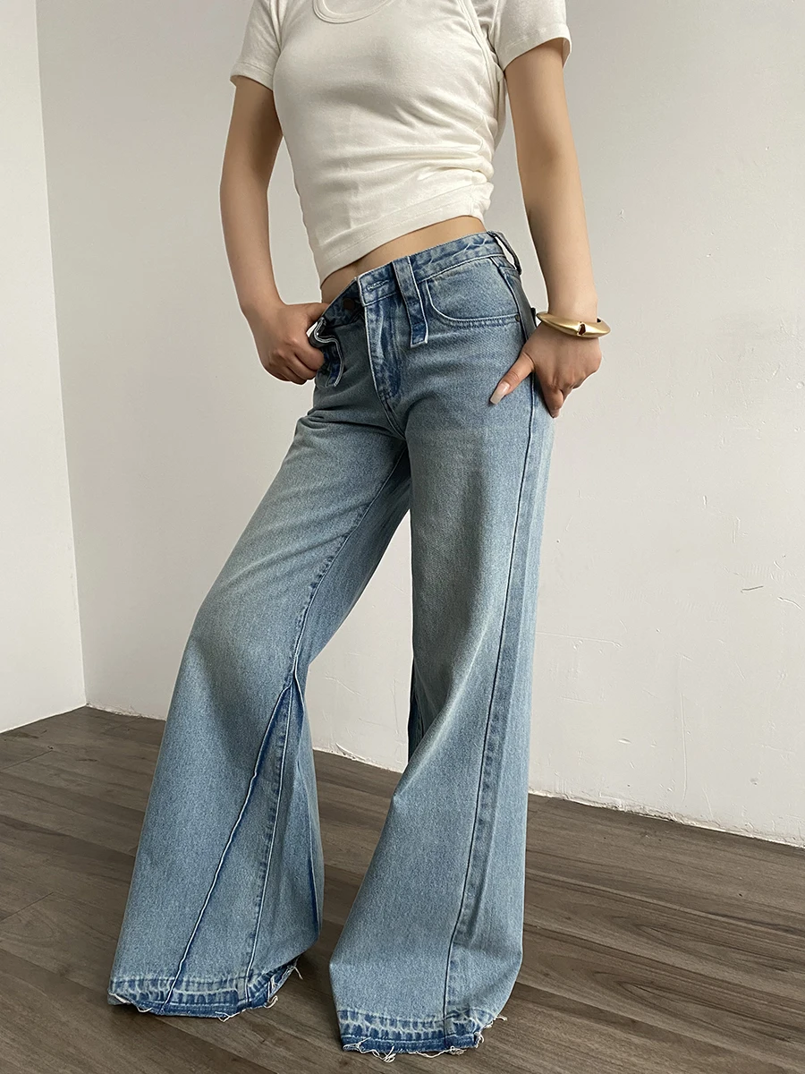 

High Waist Wide Leg Micro Flared Jeans Women's Retro Street Style Washed Natural Waist Straight Tube Jeans Blue Denim