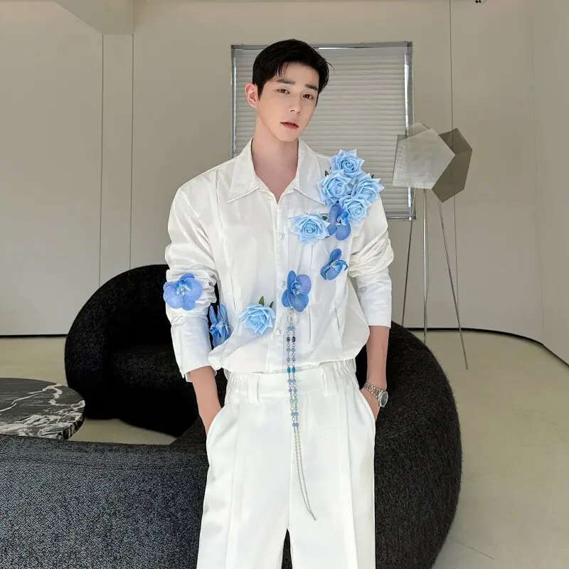 

Blue Embroidered 3D Effect Fashion Jacket Men's Spring Season Casual Style Long Sleeve Shirt Floral Pattern Standard Fit