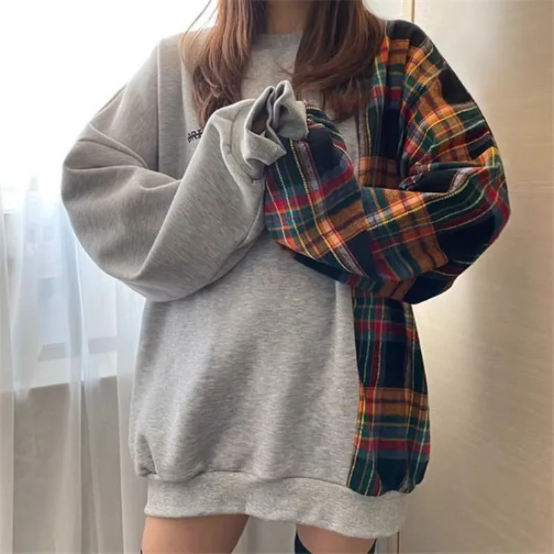 Korean Fashion Hoodies Plaid Patchwork Long Sleeve Casual Loose Sweatshirts Spring Autumn All Match Design Women\'s Clothing 2024