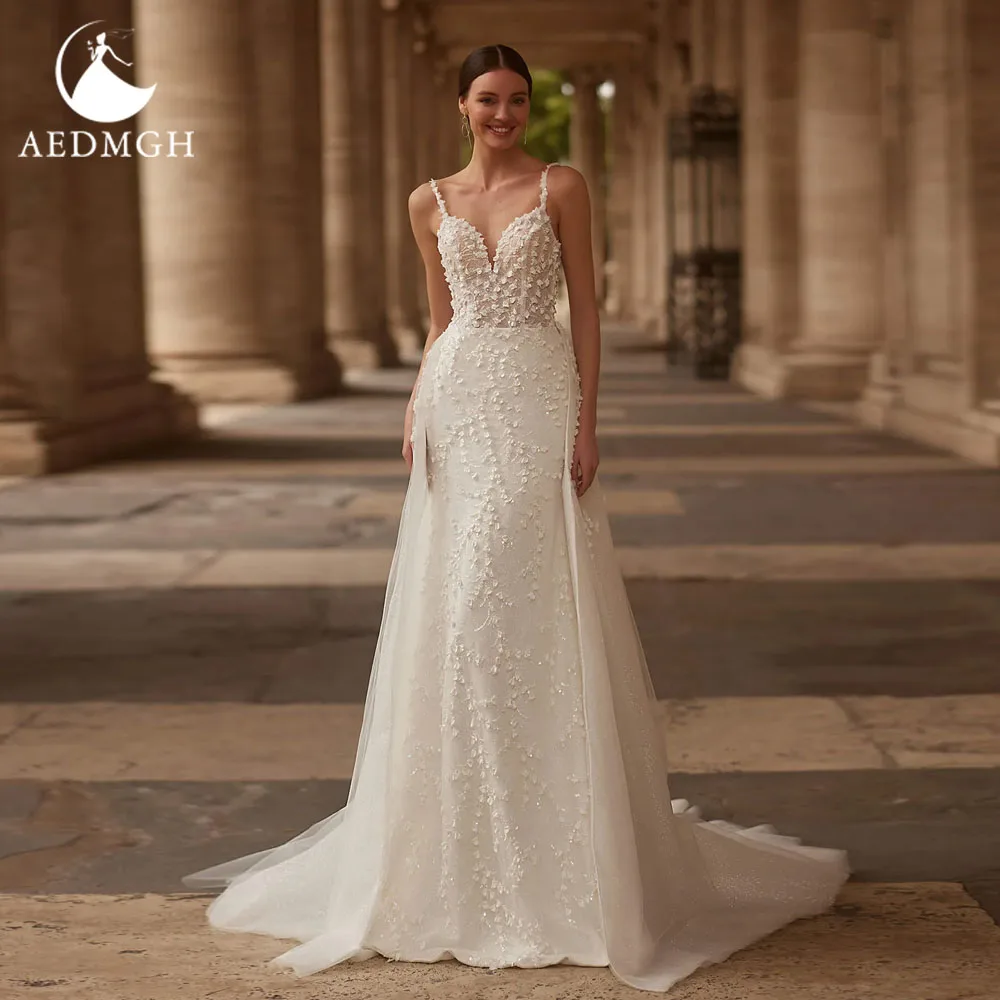 

Aedmgh Mermaid Sexy Wedding Dresses Spaghetti Straps Vestido De Novia Lace 3D Flowers Detachable Train Custom Made Bridal Gown