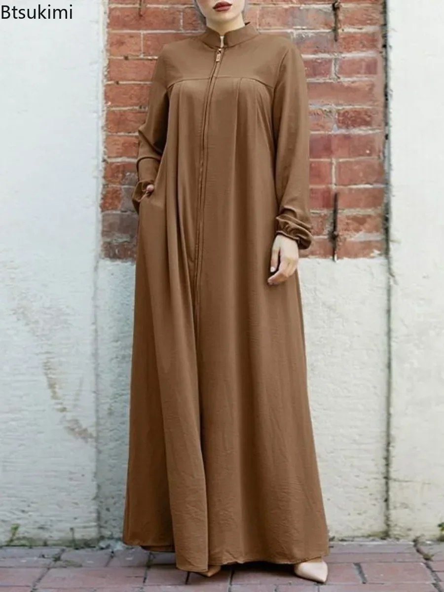 2025 Kadın Müslüman Uzun Kollu Rahat Kaftan Arap Elbiseler Moda Standı Yaka Eid Ramazan Abayas Fermuar Hırka Robe Kadın