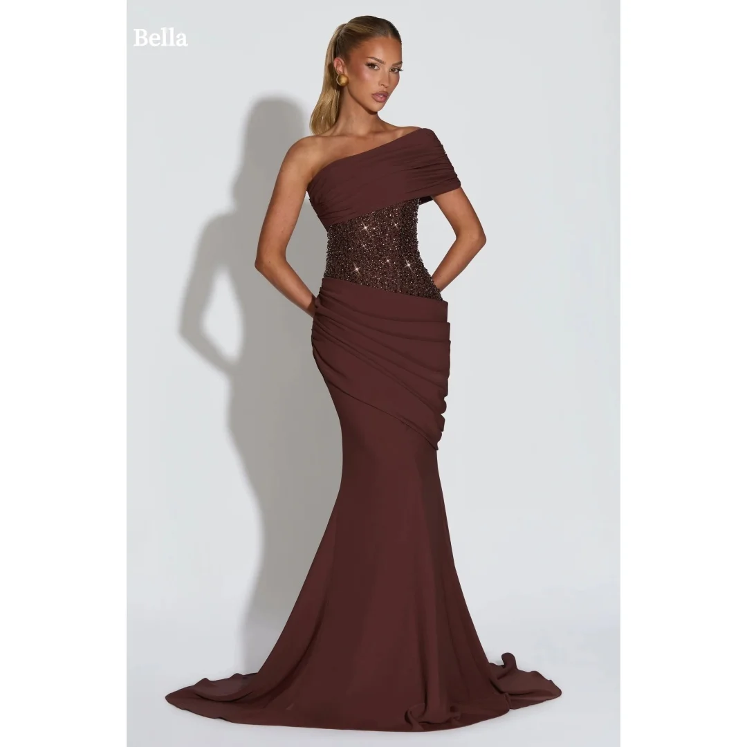 

Индивидуальное вечернее платье Bella цвета шампань с одним открытым плечом, кружевными длинными рукавами, расшитое бисером, с драпировкой на талии, фасон «русалка», длиной в пол