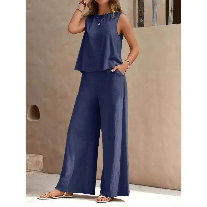 Elegant Pure Color round Neck Vest And Wide Leg Pants Two Piece Set Casual Women's Fashion 2025 Cross-Border Bestseller