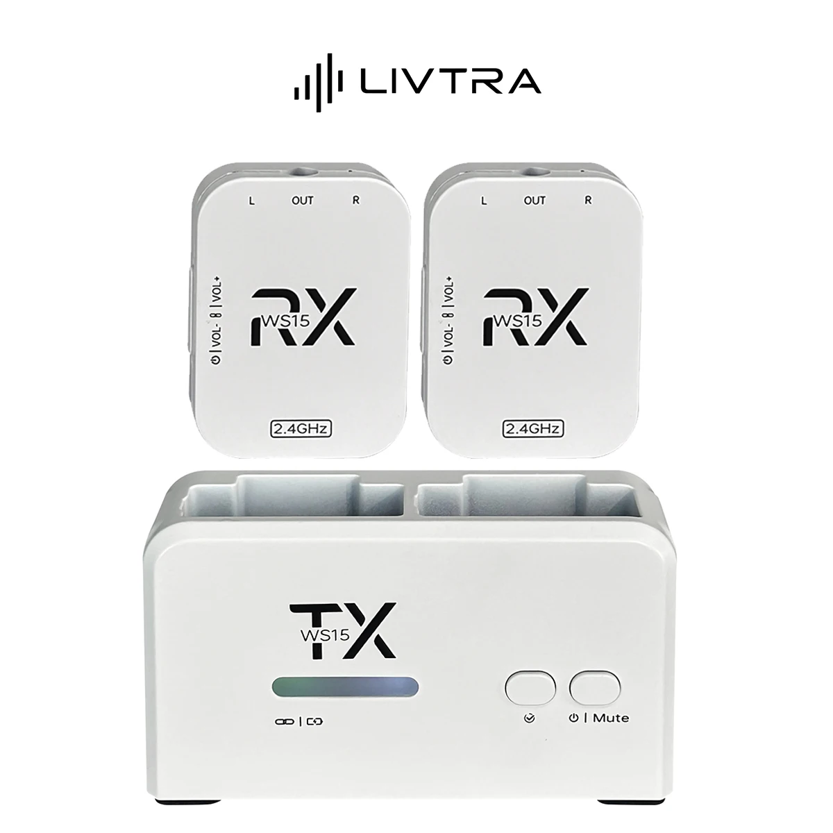 LIVTRA WS15 Wireless IEM System – 2.4GHz, 24bit/48kHz, 1 Transmitter+2 Receivers, 15ms Low Latency, Transmitter as Charging Case
