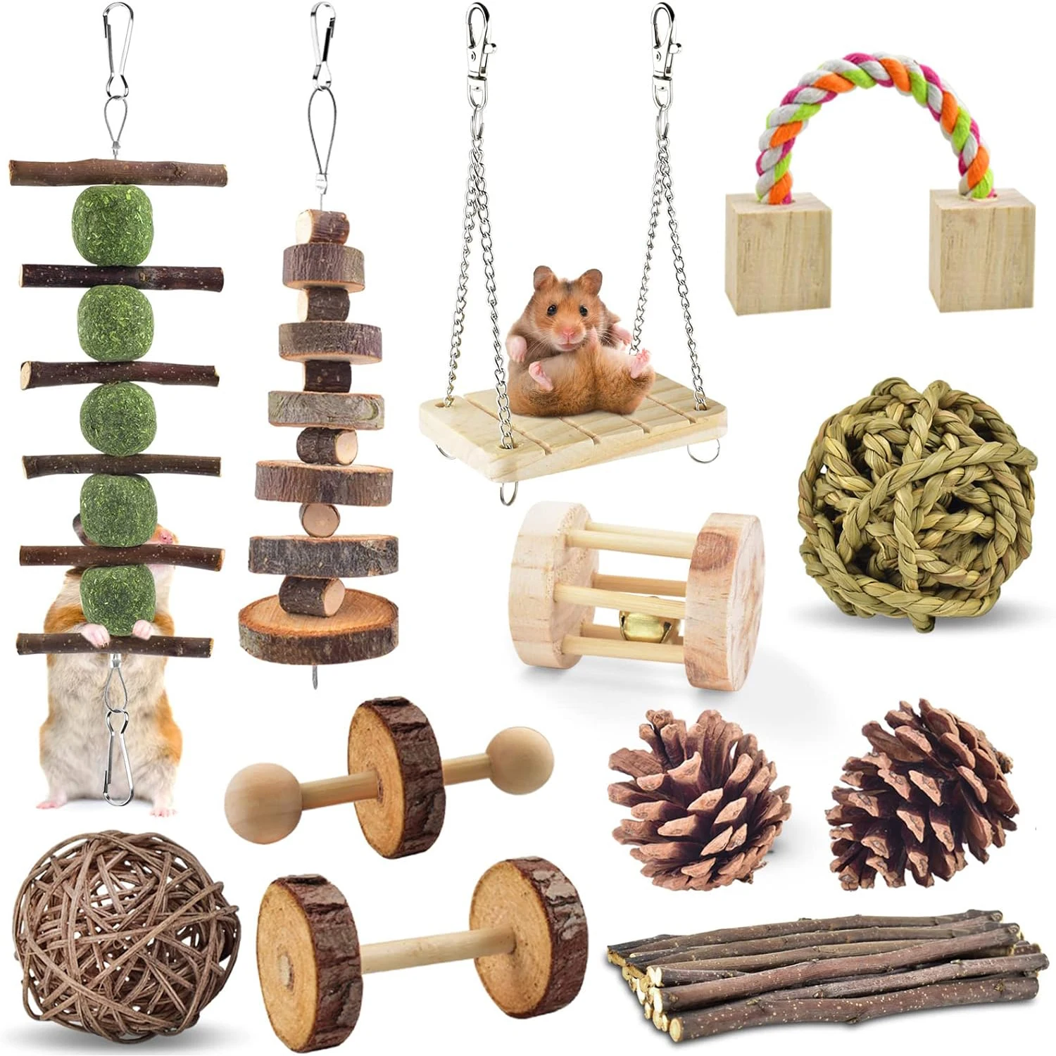 Cute Rabbit Roller Toys Natural Wooden Pine Dumbells Unicycle Bell Chew Toys For Guinea Pigs Rat Small Pet Molars Supplies